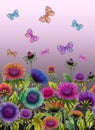 Beautiful colorful aster flowers and bright butterflies on purple background. Seamless floral pattern. Watercolor painting. Royalty Free Stock Photo