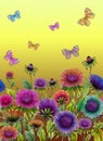 Beautiful colorful aster flowers and bright butterflies on yellow background. Seamless floral pattern. Watercolor painting Royalty Free Stock Photo