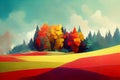 Beautiful colorful autumn forest landscape with clouds. Artistic effect of painting with paints. Digital illustration Royalty Free Stock Photo