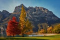 Beautiful and colorful autumn in riva del garda,Garda lake,The anchored boat in Riva del Garda , Lago di garda, italy