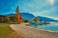 Beautiful and colorful autumn in riva del garda,Garda lake,The anchored boat in Riva del Garda , Lago di garda, italy