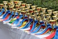 Beautiful colorful awards on the table to the winners of the races Royalty Free Stock Photo