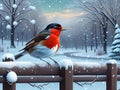 A beautiful colorful bird on a fence, with snow background, generated by AI. Royalty Free Stock Photo