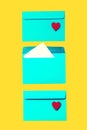 Beautiful Colorful Blue Envelops with Red Hearts on Yellow Background, Fashion Style, Flat Lay, Top View. Message, Love Message o