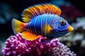 Beautiful colorful blue yellow sea fish live in an aquarium among various algae and corals. Royalty Free Stock Photo