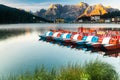 Beautiful Colorful Boats at Lake Misurina in Italian Dolomites at Sunrise