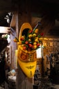 Beautiful colorful bouquets of wooden tulips in the wooden shoe. Decoration of a Dutch souvenir shop in Zaanse Schans, Netherlands Royalty Free Stock Photo