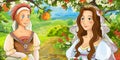 Cartoon happy young bride and servant talking in the garden full of roses