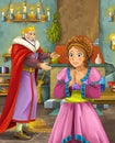 Cartoon scene with happy king in castle kitchen talking to beautiful young lady Royalty Free Stock Photo