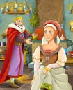 Cartoon scene with happy king in castle kitchen talking to beautiful young lady Royalty Free Stock Photo