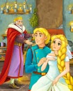 Cartoon scene with happy king in castle kitchen talking to beautiful young lady