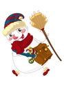 Happy cartoon snowman running with broom - - smiling