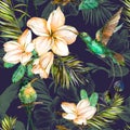 Beautiful colorful colibri and plumeria flowers on dark background. Exotic tropical seamless pattern. Watecolor painting.