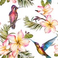 Beautiful colorful colibri, plumeria flowers and palm leaves on white background. Exotic tropical seamless pattern.