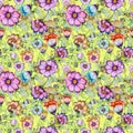 Beautiful colorful cosmos flowers with leaves on green background. Seamless floral pattern. Watercolor painting.