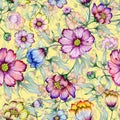 Beautiful colorful cosmos flowers with leaves on yellow background. Seamless floral pattern. Watercolor painting.