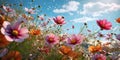 Beautiful colorful cosmos pink flowers in the field against blue sky Royalty Free Stock Photo