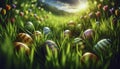 a Beautiful Colorful Easter Eggs Springtime Grass Holiday Flowers Spring Backyard bunnies painted basket lawn flowers decorated Royalty Free Stock Photo