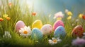 Beautiful colorful eggs and flowers in spring grass meadow over blue sky with sun Royalty Free Stock Photo