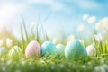 Beautiful colorful eggs and flowers in spring grass meadow over blue sky with sun Royalty Free Stock Photo