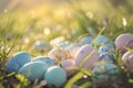 Beautiful colorful eggs and flowers in spring grass meadow over blue sky with sun Royalty Free Stock Photo