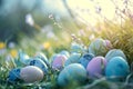 Beautiful colorful eggs and flowers in spring grass meadow over blue sky with sun Royalty Free Stock Photo