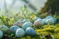 Beautiful colorful eggs and flowers in spring grass meadow over blue sky with sun Royalty Free Stock Photo