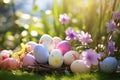 Beautiful colorful eggs and flowers in spring grass meadow over blue sky with sun Royalty Free Stock Photo