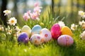 Beautiful colorful eggs and flowers in spring grass meadow over blue sky with sun Royalty Free Stock Photo