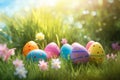 Beautiful colorful eggs and flowers in spring grass meadow over blue sky with sun Royalty Free Stock Photo