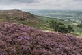 Beautiful colorful English Peak District landscape from Curbar Edge of colorful heather during late Summer sunset