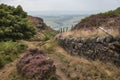 Beautiful colorful English Peak District landscape from Curbar Edge of colorful heather during late Summer sunset