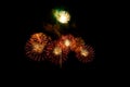 Beautiful colorful fireworks display on the urban lake for celebration on dark night background. colorful fireworks at night