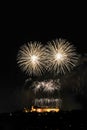 Beautiful colorful fireworks over the Spielberk castle. White fireworks on night sky. International Fireworks Competition Ignis Br Royalty Free Stock Photo