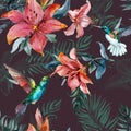 Beautiful colorful flying hummingbirds and red lily flowers on brown background. Exotic tropical seamless pattern.