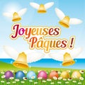 Beautiful and colorful French Happy Easter greeting card IV with easter eggs and bells. Royalty Free Stock Photo