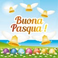 Beautiful and colorful Happy Easter greeting card with easter eggs and bells. Italian illustration I. Royalty Free Stock Photo