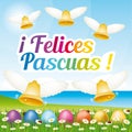 Beautiful and colorful Happy Easter greeting card with easter eggs and bells. Spanish illustration II.