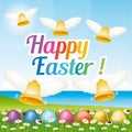 Beautiful and colorful Happy Easter greeting card with easter eggs and bells. Illustration III. Royalty Free Stock Photo
