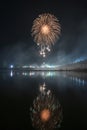 Beautiful colorful holiday fireworks on the black sky background, long exposure Royalty Free Stock Photo