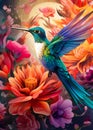 Beautiful colorful Hummingbird on flowers illustration. Royalty Free Stock Photo