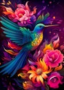 Beautiful colorful Hummingbird on flowers illustration. Royalty Free Stock Photo