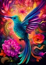 Beautiful colorful Hummingbird on flowers illustration. Royalty Free Stock Photo