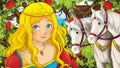 Cartoon scene of beautiful princess in the garden with white horses