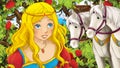 Cartoon scene of beautiful princess in the garden with white horses