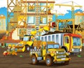 Cartoon scene with workers on construction site - builders doing different things