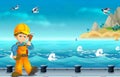 Cartoon construction worker working in the ship dock