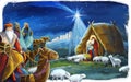 Religious illustration three kings - and holy family - traditional scene Royalty Free Stock Photo