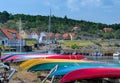 Colorful kayaks on the quay in Bornholm, Gudhjem, Denmark