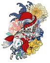 Beautiful, colorful Koi carp with water splash, lotus and peony flower.